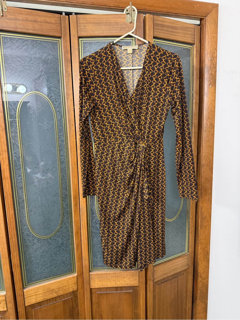 MICHAEL KORS LADIES Long Sleeve Brown & Gold Faux Wrap Dress - Women, LIKE NEW
